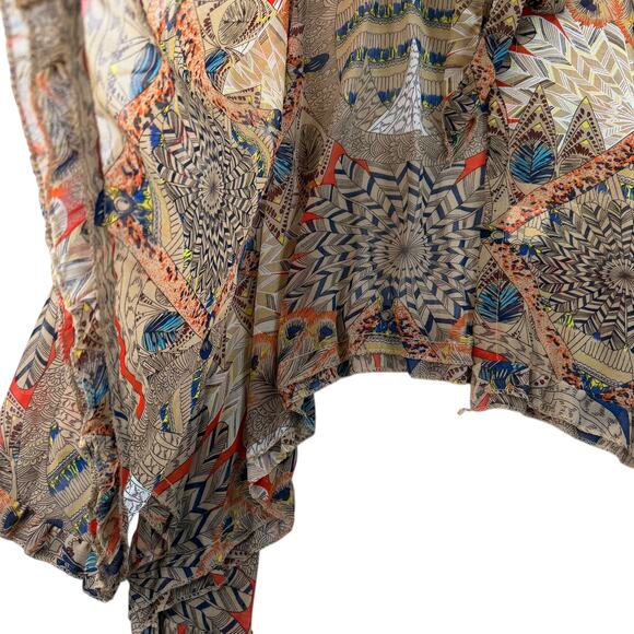 HOPE Boho Sheer Printed Cape Poncho Top Tan Tie Neck Ruffle Hem Festival Hippie - Picture 9 of 11